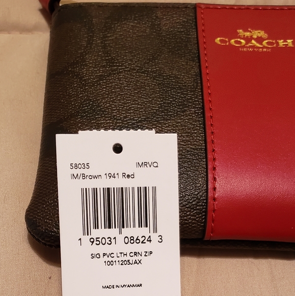 Coach Corner Zip Wristlet Signature Canvas Color Brown/1941 Red - Picture 6 of 12